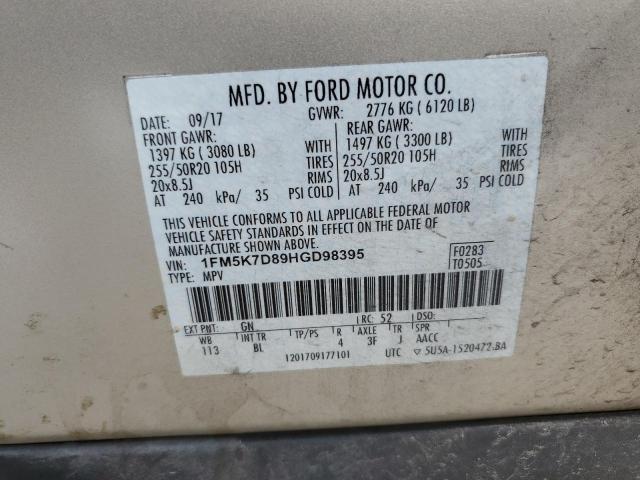 1FM5K7D89HGD98395 - 2017 FORD EXPLORER XLT CREAM photo 13