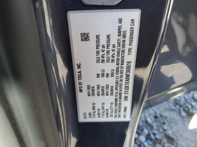 5YJ3E1EA8NF360616 - 2022 TESLA MODEL 3 GRAY photo 13