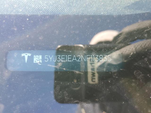 5YJ3E1EA2NF113835 - 2022 TESLA MODEL 3 BLUE photo 12