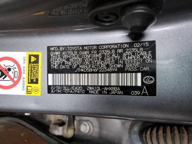 JTHKD5BH6F2234894 - 2015 LEXUS CT 200 GRAY photo 12