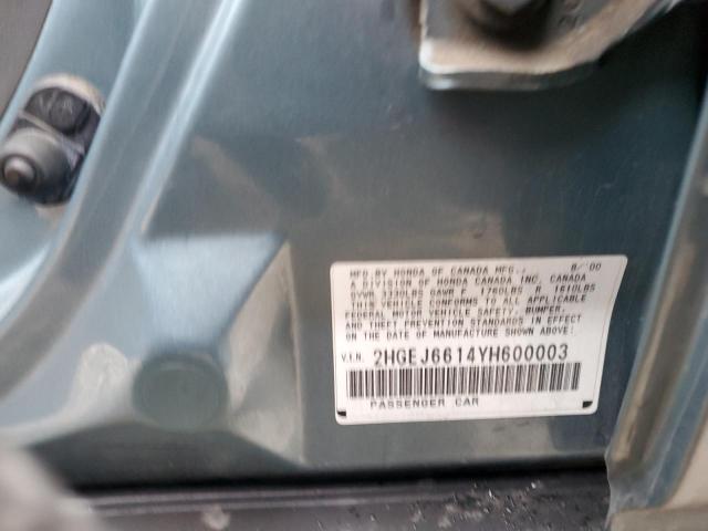 2HGEJ6614YH600003 - 2000 HONDA CIVIC BASE TURQUOISE photo 12