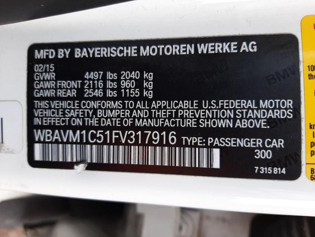 WBAVM1C51FV317916 - 2015 BMW X1 SDRIVE28I WHITE photo 12