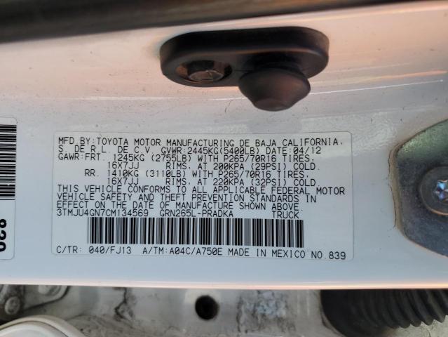 3TMJU4GN7CM134569 - 2012 TOYOTA TACOMA DOUBLE CAB PRERUNNER WHITE photo 13