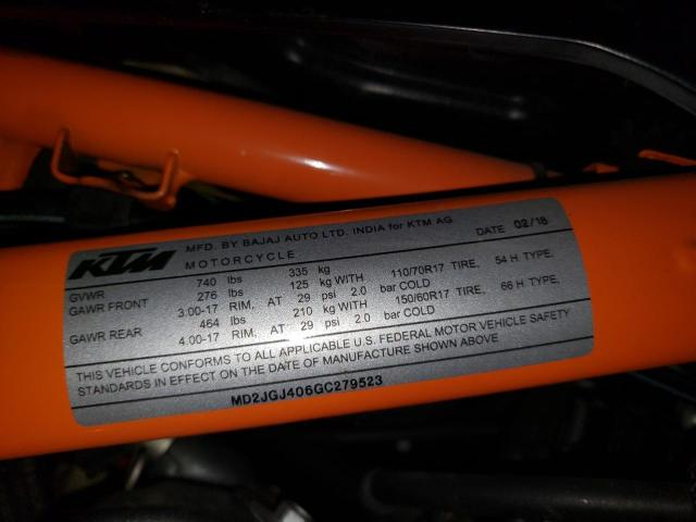 MD2JGJ406GC279523 - 2016 KTM RC 390 ORANGE photo 10