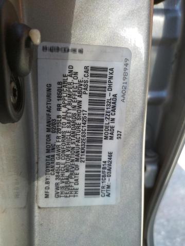 2T1KR32E63C142517 - 2003 TOYOTA COROLLA MA XR SILVER photo 12