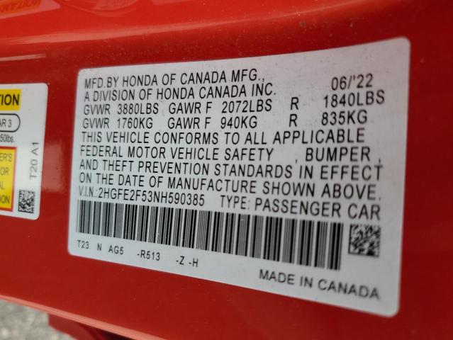 2HGFE2F53NH590385 - 2022 HONDA CIVIC SPORT 红色 照片 12