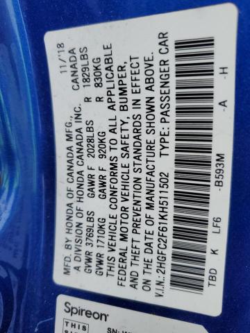 2HGFC2F61KH511502 - 2019 HONDA CIVIC LX BLUE photo 12