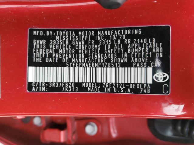 5YFEPMAE6MP178512 - 2021 TOYOTA COROLLA LE RED photo 12