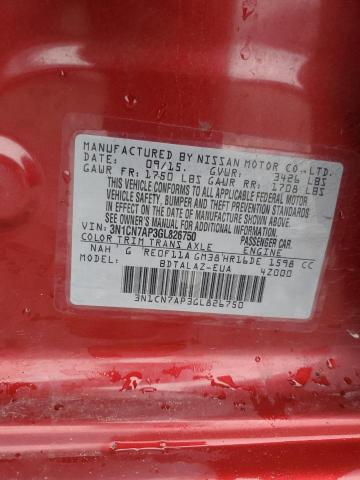 3N1CN7AP3GL826750 - 2016 NISSAN VERSA S RED photo 12