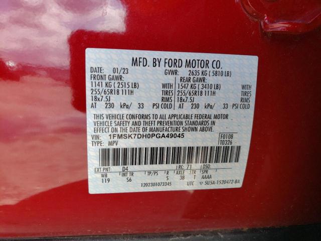 1FMSK7DH0PGA49045 - 2023 FORD EXPLORER XLT RED photo 13