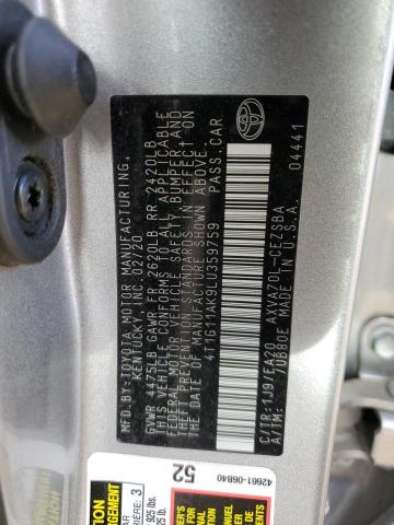 4T1G11AK9LU359759 - 2020 TOYOTA CAMRY SE SILVER photo 12