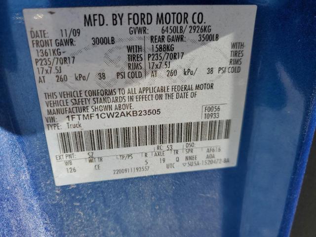 1FTMF1CW2AKB23505 - 2010 FORD F150 BLUE photo 12