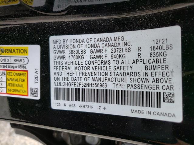 2HGFE2F52NH556986 - 2022 HONDA CIVIC SPORT 黑色 照片 13