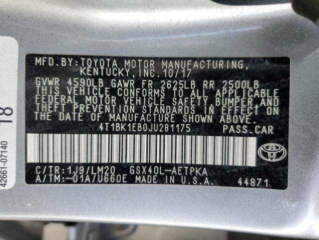 4T1BK1EB0JU281175 - 2018 TOYOTA AVALON XLE SILVER photo 12