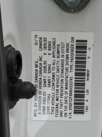 2HGFC2F8XKH533743 - 2019 HONDA CIVIC SPORT 白色 照片 12