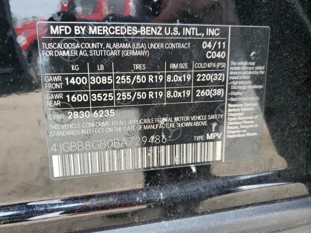 4JGBB8GB0BA729486 - 2011 MERCEDES-BENZ ML 350 4MATIC BLACK photo 12