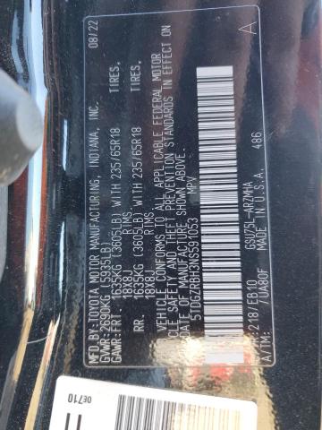 5TDGZRBH3NS591053 - 2022 TOYOTA HIGHLANDER XLE BLACK photo 13