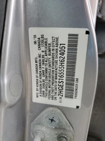 2HGES16555H624051 - 2005 HONDA CIVIC LX SILVER photo 12