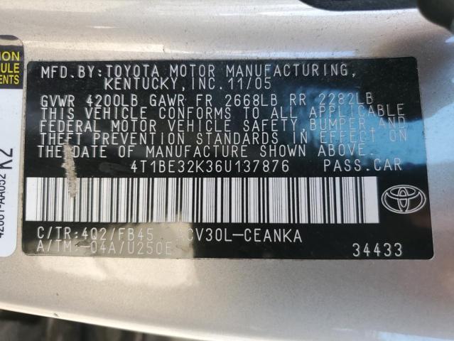 4T1BE32K36U137876 - 2006 TOYOTA CAMRY LE TAN photo 12