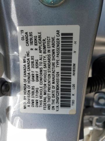 2HGFC2F80KH551524 - 2019 HONDA CIVIC SPORT SILVER photo 12