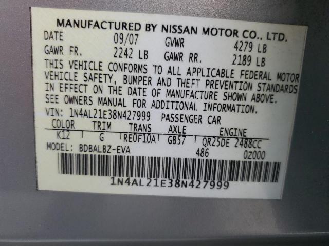 1N4AL21E38N427999 - 2008 NISSAN ALTIMA 2.5 SILVER photo 12