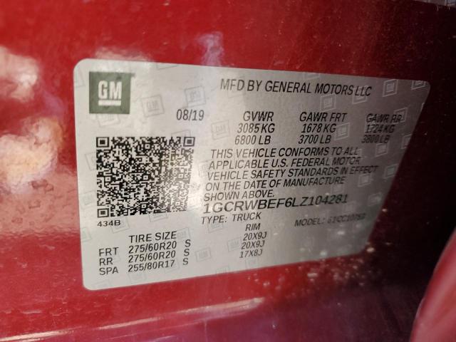 1GCRWBEF6LZ104281 - 2020 CHEVROLET SILVERADO C1500 CUSTOM RED photo 12