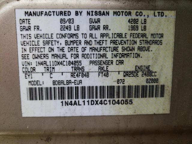 1N4AL11DX4C104055 - 2004 NISSAN ALTIMA BASE GOLD photo 12