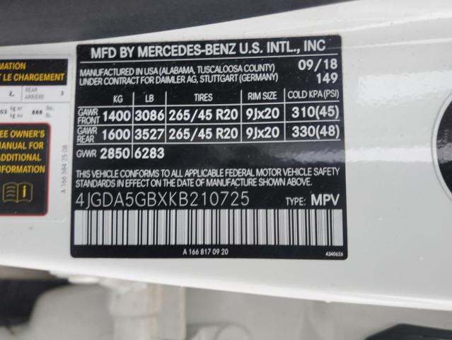 4JGDA5GBXKB210725 - 2019 MERCEDES-BENZ GLE 400 4MATIC WHITE photo 12