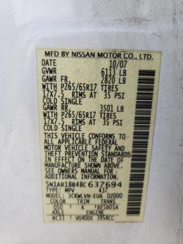 5N1AR18B48C637694 - 2008 NISSAN PATHFINDER S 白色 照片 13