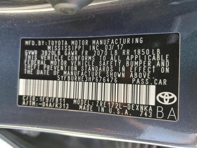 5YFBURHE3HP676476 - 2017 TOYOTA COROLLA L CHARCOAL photo 12