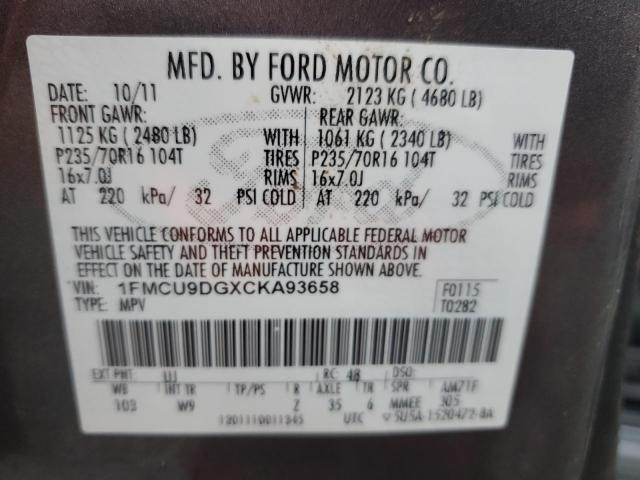 1FMCU9DGXCKA93658 - 2012 FORD ESCAPE XLT GRAY photo 14