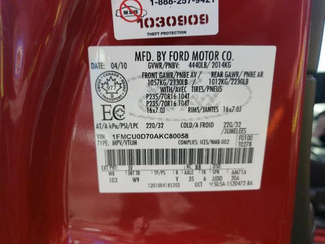 1FMCU0D70AKC80058 - 2010 FORD ESCAPE XLT RED photo 13