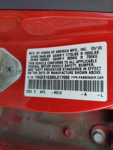 1HGES16385L017689 - 2005 HONDA CIVIC DX VP RED photo 12