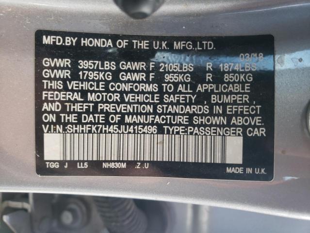 SHHFK7H45JU415496 - 2018 HONDA CIVIC SPORT SILVER photo 12