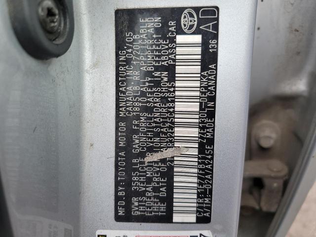 2T1BR32E75C481645 - 2005 TOYOTA COROLLA CE SILVER photo 12