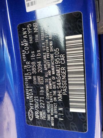 KMHLS4AG4MU195105 - 2021 HYUNDAI ELANTRA SEL BLUE photo 13