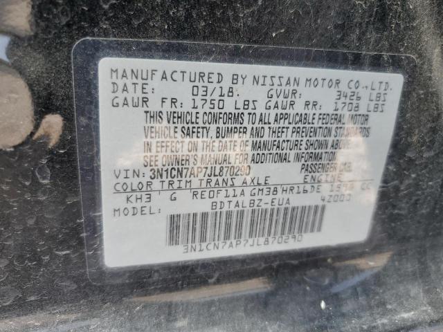 3N1CN7AP7JL870290 - 2018 NISSAN VERSA S BLACK photo 12