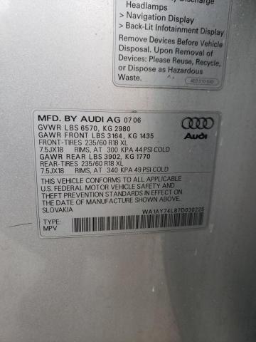 WA1AY74L87D030225 - 2007 AUDI Q7 3.6 QUATTRO SILVER photo 12