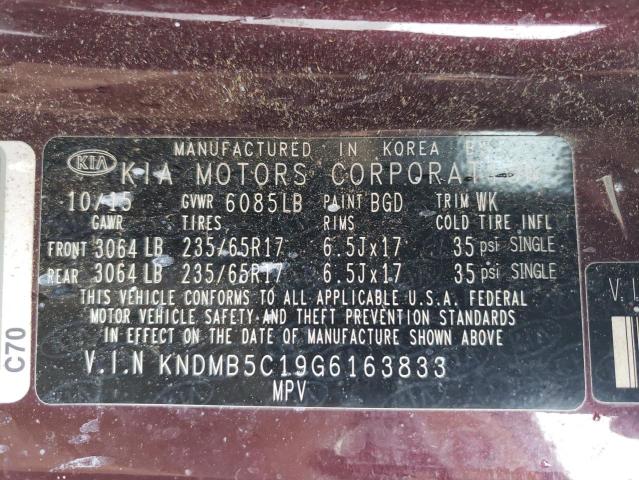 KNDMB5C19G6163833 - 2016 KIA SEDONA LX MAROON photo 12