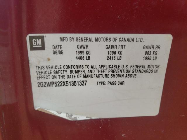 2G2WP522X51351337 - 2005 PONTIAC GRAND PRIX 栗色 照片 12