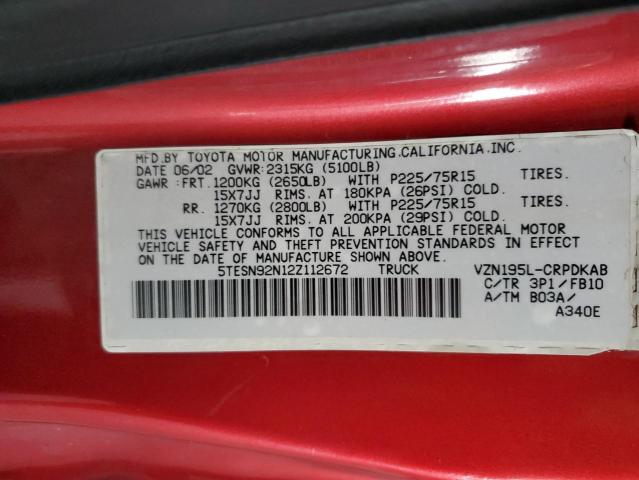 5TESN92N12Z112672 - 2002 TOYOTA TACOMA XTRACAB PRERUNNER წითელი ფოტო 12