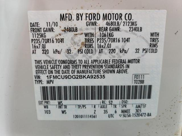 1FMCU9DG2BKA92535 - 2011 FORD ESCAPE XLT WHITE photo 14