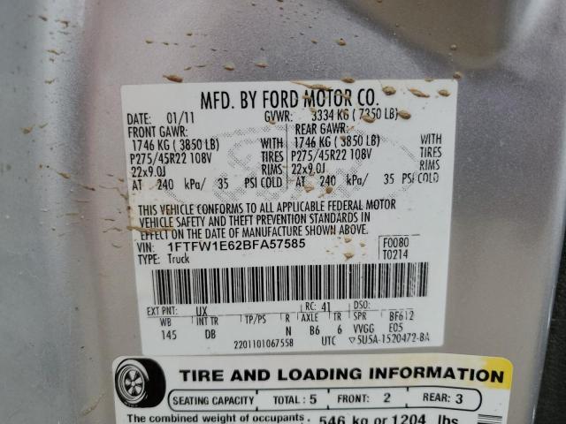 1FTFW1E62BFA57585 - 2011 FORD F150 SUPERCREW SILVER photo 12