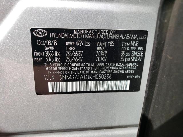 5NMS23AD1KH050236 - 2019 HYUNDAI SANTA FE SE SILVER photo 13