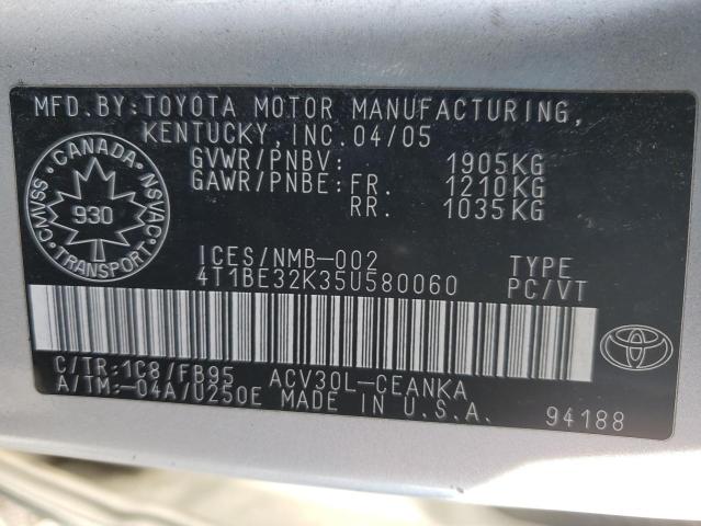 4T1BE32K35U580060 - 2005 TOYOTA CAMRY LE SILVER photo 12