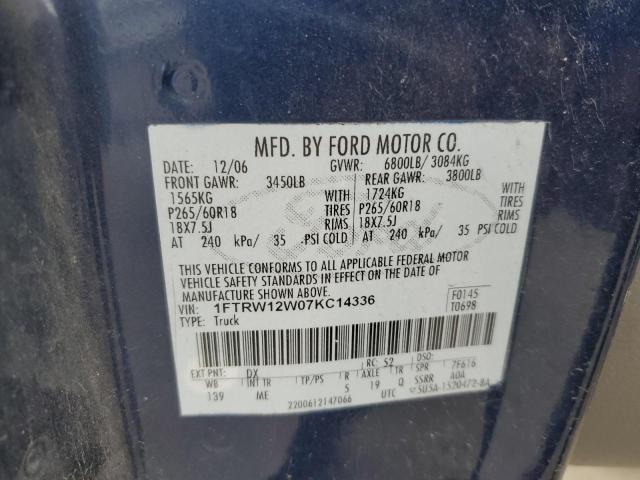 1FTRW12W07KC14336 - 2007 FORD F150 SUPERCREW BLUE photo 12