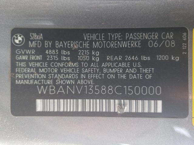 WBANV13588C150000 - 2008 BMW 528 XI GRAY photo 12