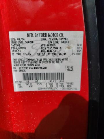 1FTPX12574KD96284 - 2004 FORD F150 RED photo 12