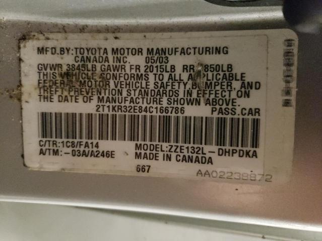 2T1KR32E84C166786 - 2004 TOYOTA COROLLA MA XR SILVER photo 12