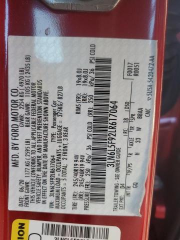 3LN6L5F92LR617064 - 2020 LINCOLN MKZ RESERVE წითელი ფოტო 12